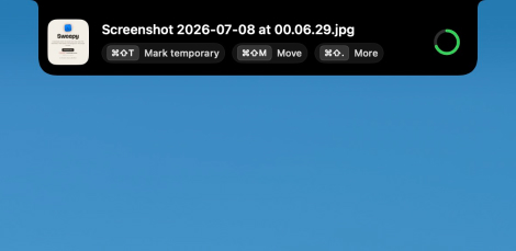 tinyyy sweep's notch panel with a new download and its Mark temporary, Move and More actions, next to a countdown ring