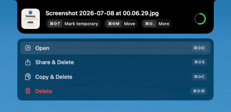 tinyyy sweep's More menu: Open, Share & Delete, Copy & Delete and Delete
